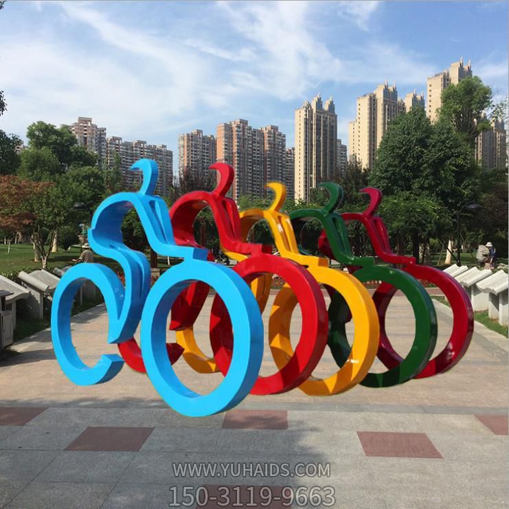 不銹鋼幾何彩繪戶(hù)外遠(yuǎn)動(dòng)騎自車(chē)的抽象人物景觀雕塑