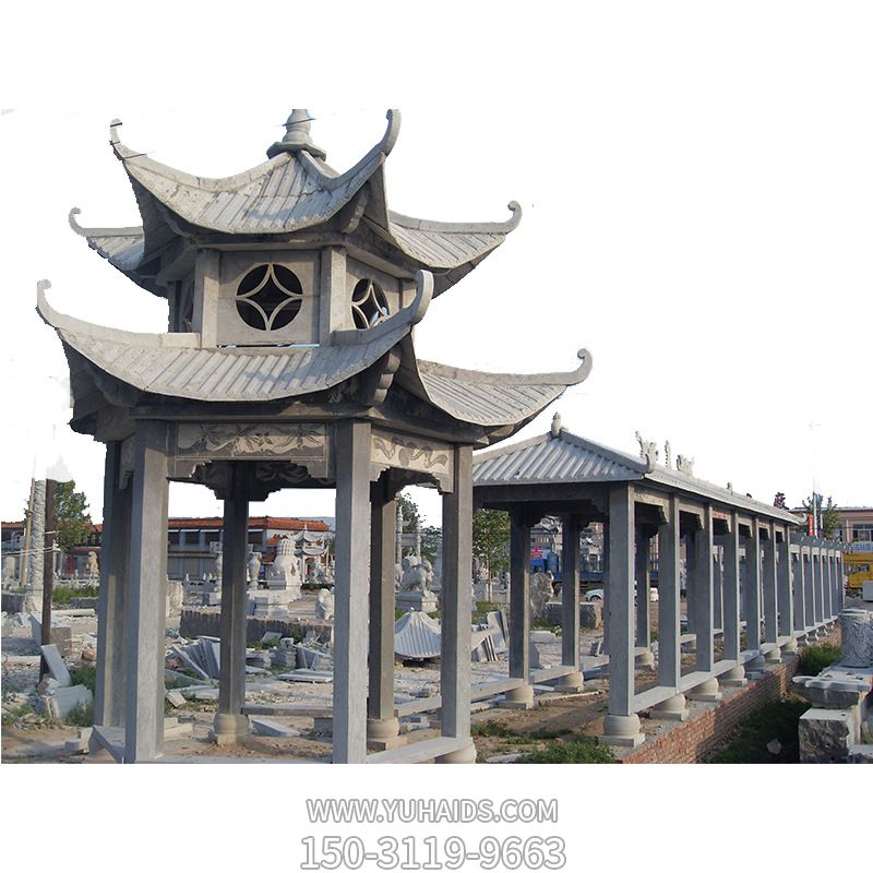 戶(hù)外園林裝飾青石仿古建雙層鏤空長(zhǎng)廊涼亭雕塑