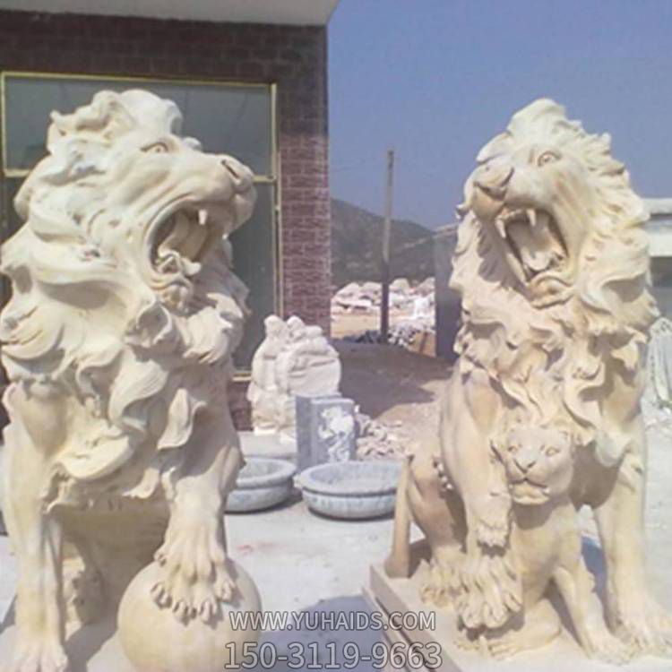 晚霞紅石雕石獅子一對(duì)看門(mén)鎮(zhèn)宅公司別墅擺件雕塑