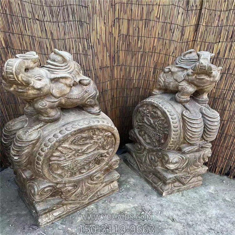 招財門墩，大象抱鼓石雕塑