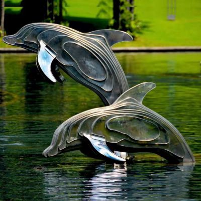 不銹鋼海豚雕塑，池塘水景抽象海豚景觀動(dòng)物雕塑
