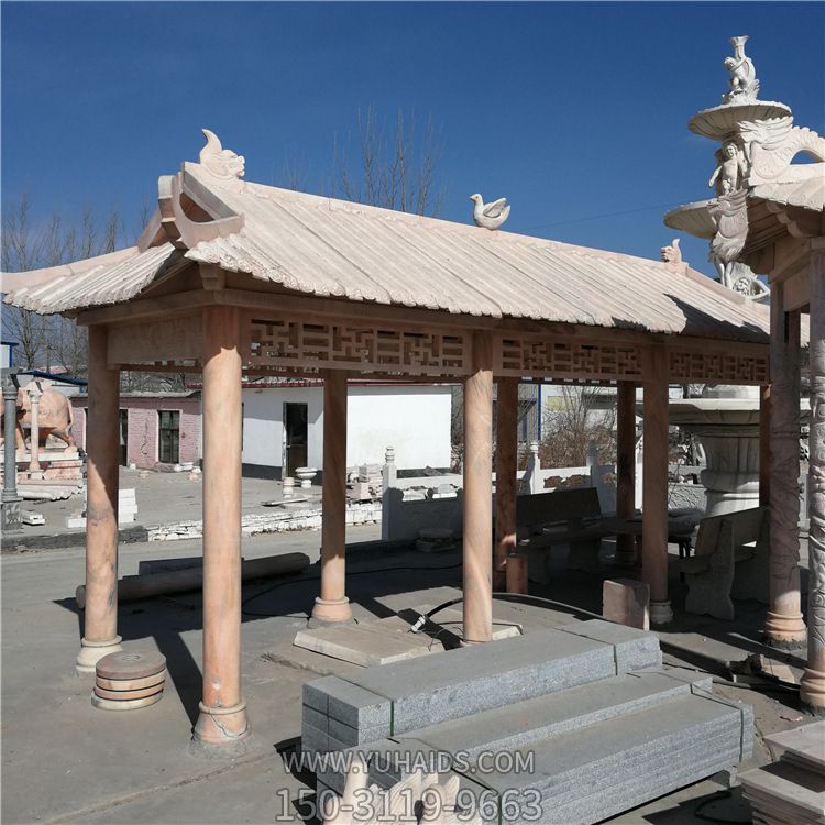小區(qū)廣場(chǎng)長廊晚霞紅石雕休息涼亭雕塑