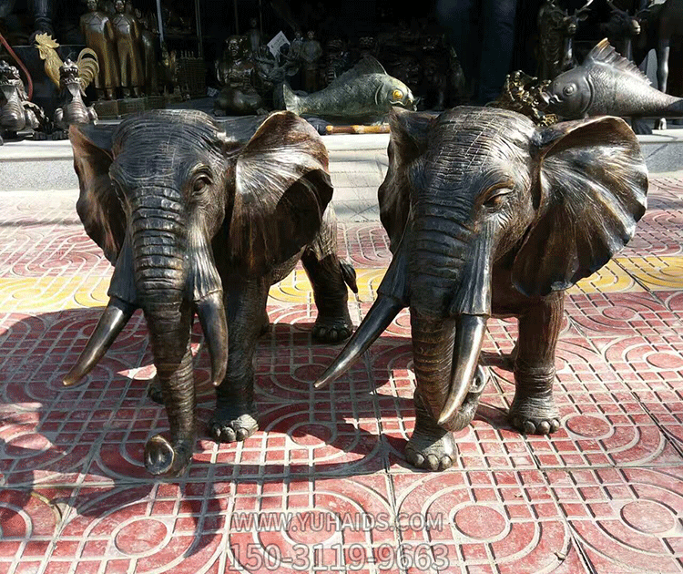 鑄銅小象一對，吉祥動物銅雕擺件雕塑