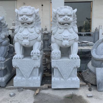 企業(yè)門口兩側擺放大理石雕刻招財鎮(zhèn)宅獅子門墩