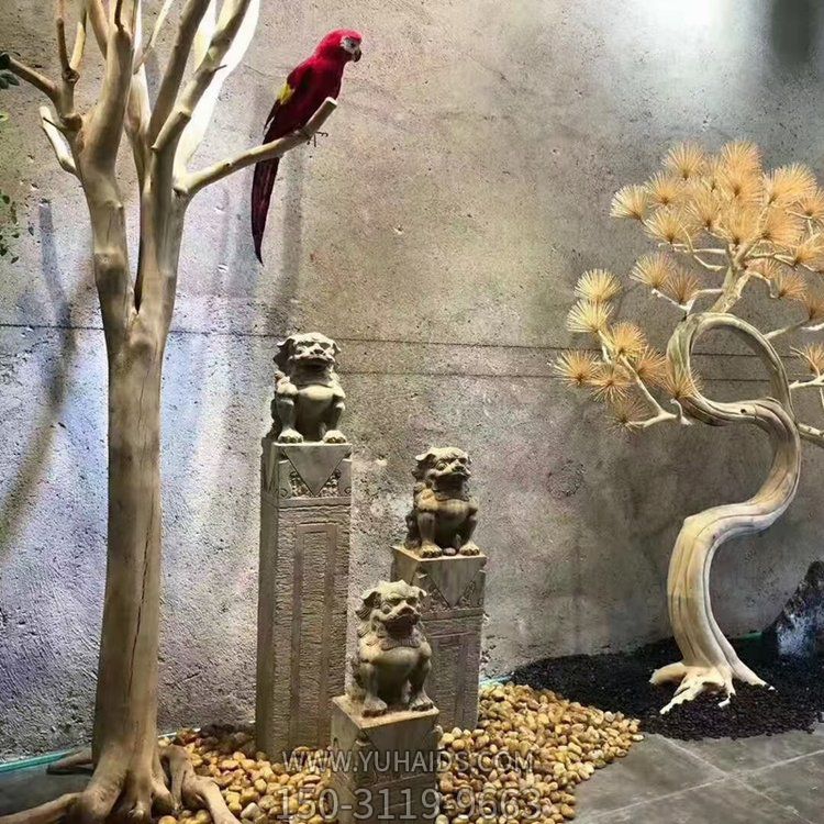 獅子栓馬柱，古建庭院裝飾擺件雕塑