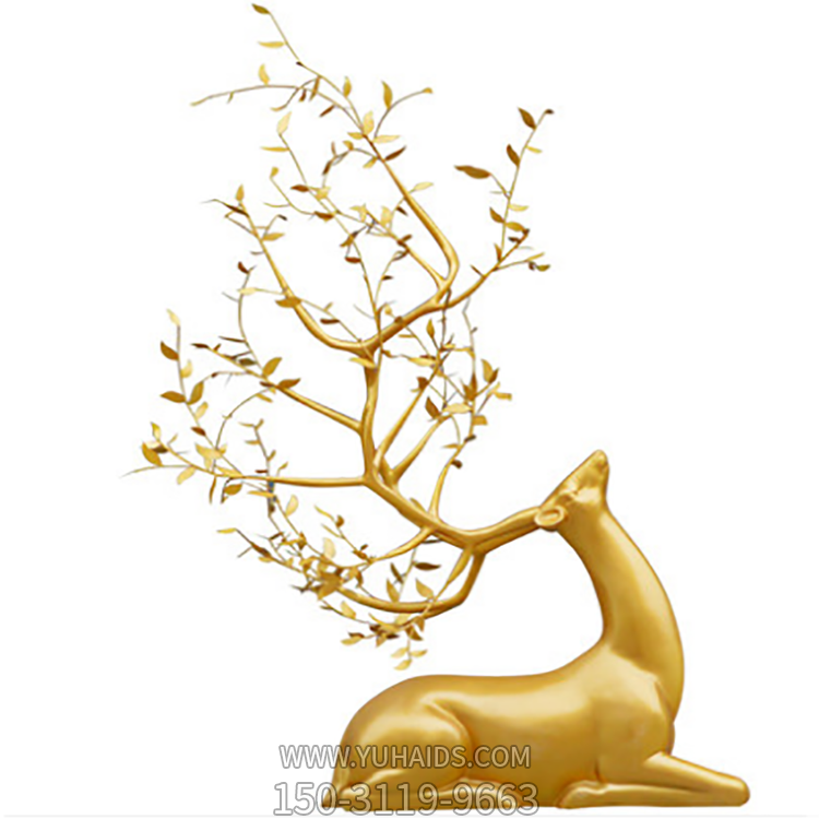 臥姿抬頭梅花鹿，樹葉修飾創(chuàng)意鹿雕塑