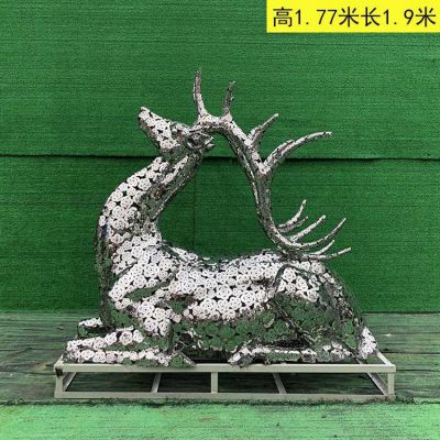 不銹鋼梅花鹿，鏡面鏤花鹿雕塑