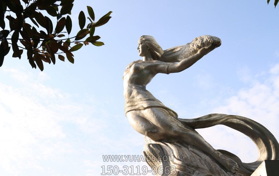 城市花園抽象不銹鋼女?huà)z補(bǔ)天神話人物雕塑