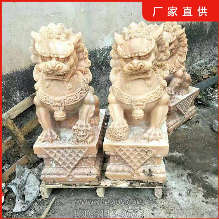 晚霞紅石獅子，大理石石雕看門獅子雕塑
