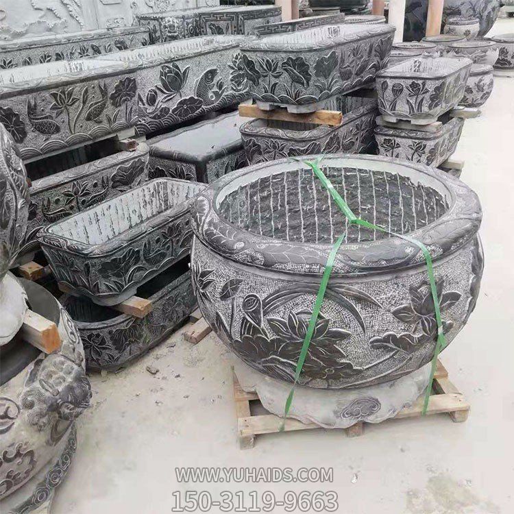 老石槽，黑色大理石石雕水缸水盆雕塑