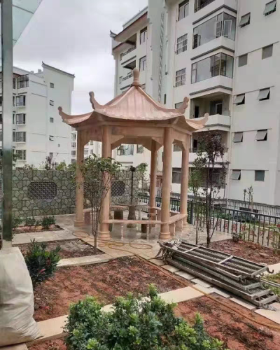 小區(qū)園林石涼亭，晚霞紅大理石石雕亭子