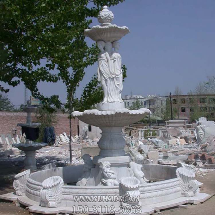 漢白玉石雕噴泉，歐式人物裝飾噴泉流水缽雕塑