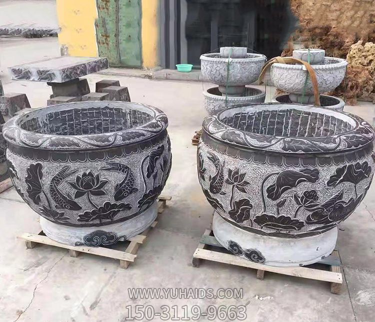 庭院鯉魚(yú)荷花水缸景觀石雕缸雕塑