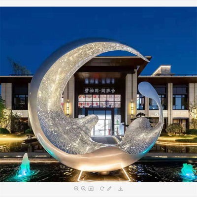 不銹鋼月亮水滴雕塑，透光水景裝飾雕塑