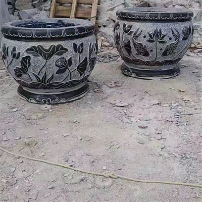 鯉魚，荷花，荷葉紋飾石雕水缸