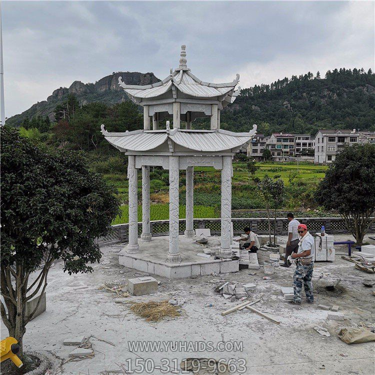 石雕涼亭，雙層六柱石亭子雕塑