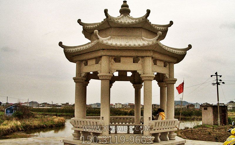 廣場(chǎng)湖邊擺放花崗巖雙頂觀(guān)景休息涼亭座椅雕塑