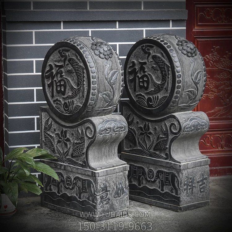 古建門口抱鼓石，黑色大理石雕刻雕塑