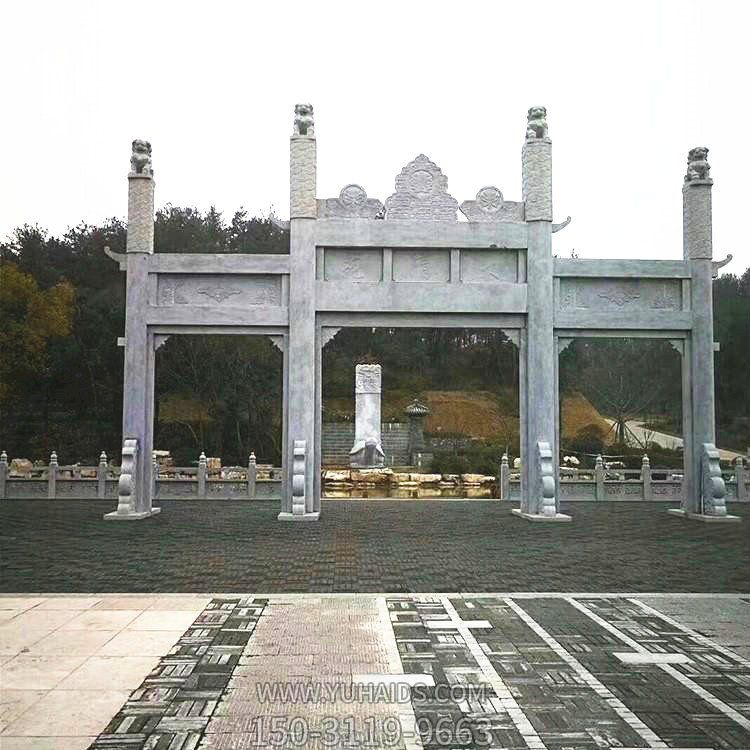 青石仿古建 祠堂村口雕刻簡(jiǎn)約三門樓擺件雕塑