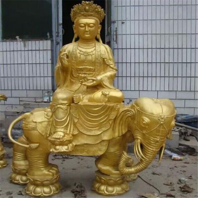 黃銅噴漆佛像景觀，文殊普賢騎大象雕塑