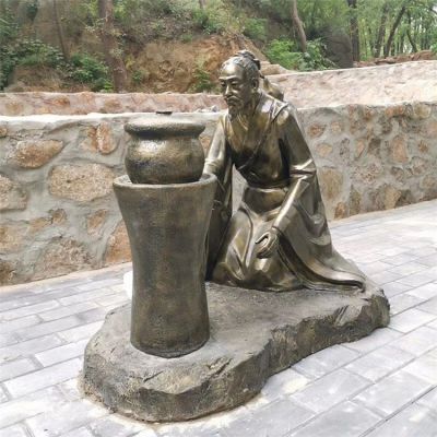 煎藥古代人物，中醫(yī)文化熬制中藥玻璃鋼仿銅情景雕塑