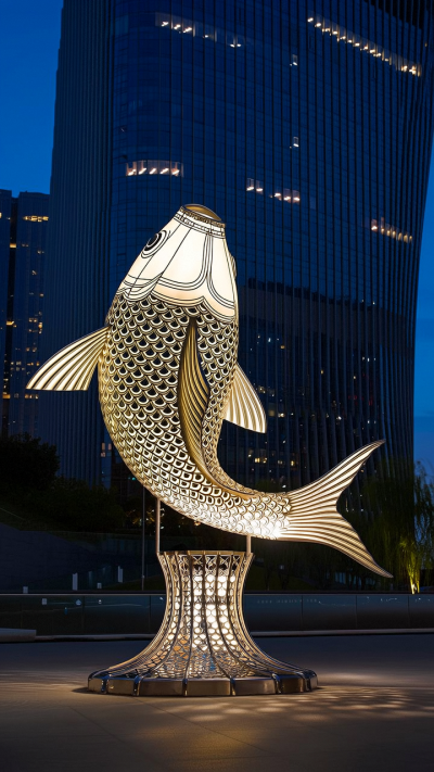不銹鋼網(wǎng)格鏤空發(fā)光鯉魚雕塑