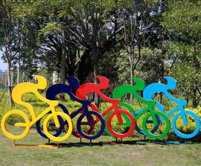 公園草坪不銹鋼剪影抽象騎自行車(chē)抽象人物雕塑